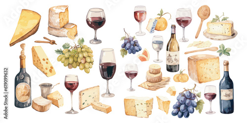 watercolor Wine and Cheese clipart for graphic resources