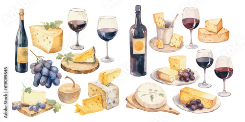 Fotografiet watercolor Wine and Cheese clipart for graphic resources