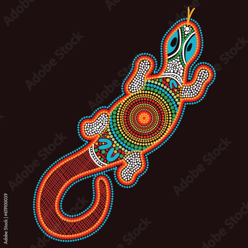 Aboriginal dot art style colorful lizard artwork