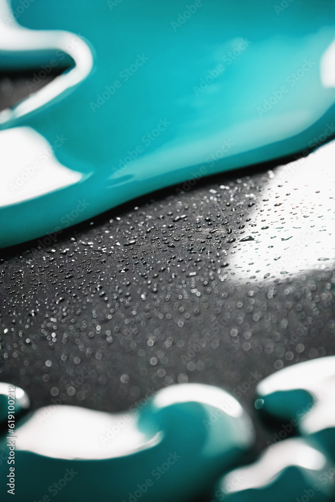 Teal abstract liquid, colorful fantasy background with light blue slime and small particles