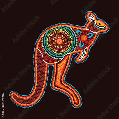 Aboriginal dot art style colorful kangaroo artwork