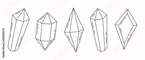 Collection of simple outline magic crystals, gems and minerals. Geometric abstract precious gemstones. Vector illustration