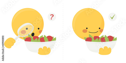 Emoji with food plate in his hand inspecting salad with a magnifying glass.
Diet, anorexia, orthorexia, eating disorder
Eating healthy obsession, before and after with question and ok check mark icons