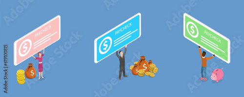 3D Isometric Flat Vector Conceptual Illustration of Paycheck, Voucher for Getting Money