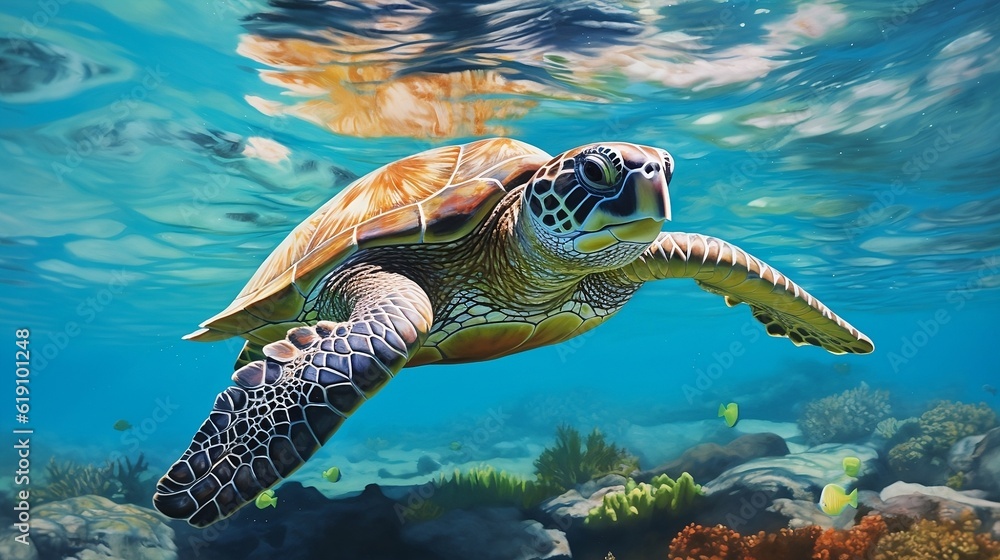 Obraz premium Sea turtle swimming in the ocean new quality universal colorful technology stock image illustration design, generative ai