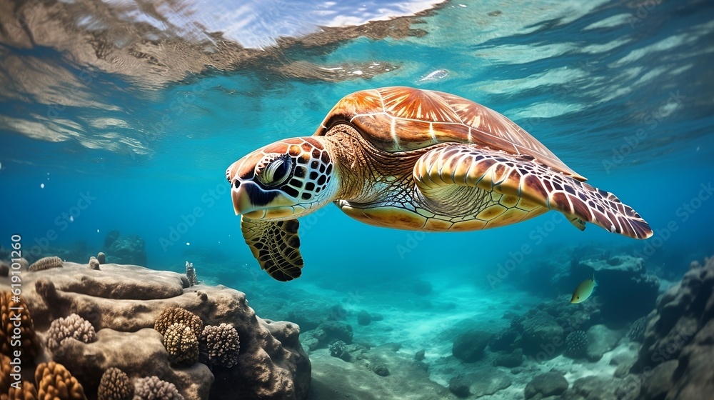 Fototapeta premium Sea turtle swimming in the ocean new quality universal colorful technology stock image illustration design, generative ai
