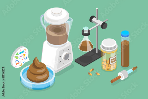 3D Isometric Flat Vector Conceptual Illustration of Fecal Microbiota Transplant , Bacteriotherapy
