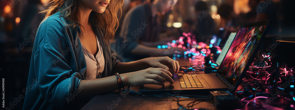 Human hands typing in laptop keyboard. Generative Ai Human hands typing in laptop keyboard. Generative Ai