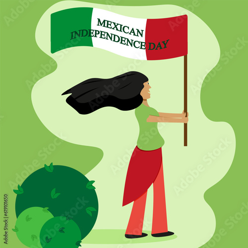 Mexican Independence Day poster. Woman holding banner in the colors of the Mexico flag in the hands. National Mexica Holiday. Vector illustration.