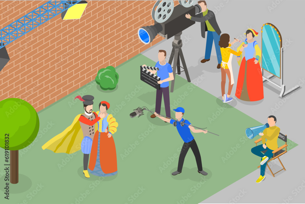Fototapeta premium 3D Isometric Flat Vector Conceptual Illustration of Filmmaking, Movie Production Scene