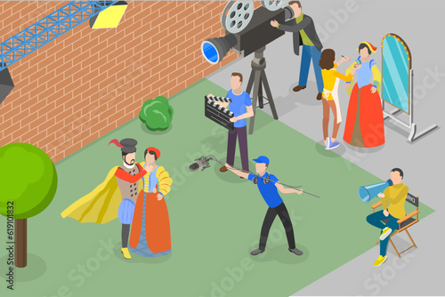 3D Isometric Flat Vector Conceptual Illustration of Filmmaking, Movie Production Scene