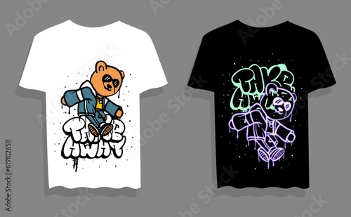 Take away slogan with bear doll jump T-shirt design. Vector illustration