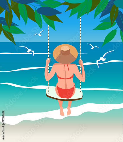 Young lady sitting on a see-saw on the beach with a seascape on the background flat vector illustration