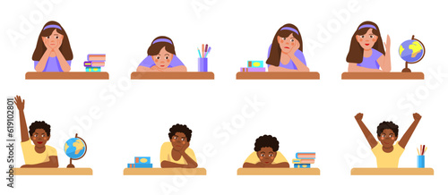 Set of emotions of acute African-American schoolboy and a cute white-skinned girl sitting at a desk. Collection of vector illustrations in a flat cartoon style