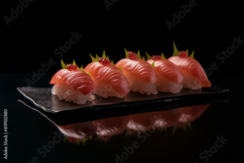 Close up to 3d Model Mocking up the sliced raw tuna piece cube with salmonkun isolated on black background. Tuna sashimi, raw fish in traditional Japanese style. Generative AI.