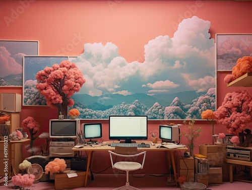 An illustration of cinematic vintage retro like home office workplace in pastel palette. Generative AI