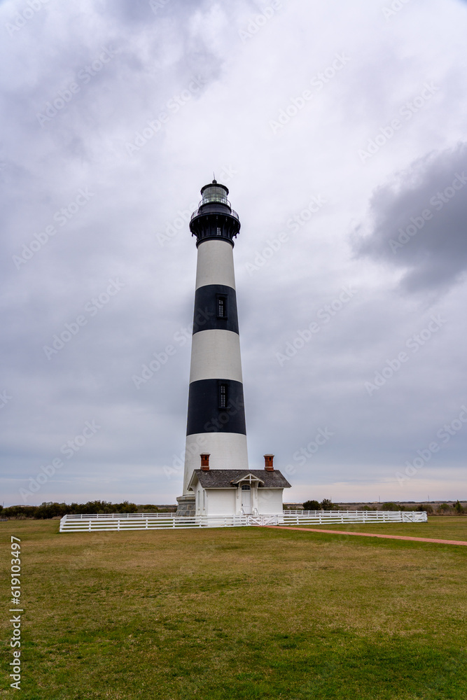 View of Black and White Stipped Color Lighthouse in the Outter Banks Island