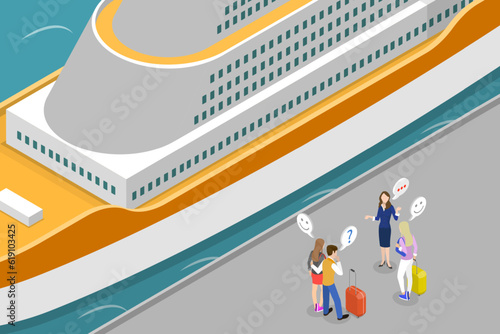 3D Isometric Flat Vector Conceptual Illustration of Cruise Travelling, Passengers with Baggage Walking in Deck