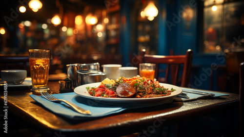 Interior view of the restaurant with a table served knife and fork on the table. Generative Ai