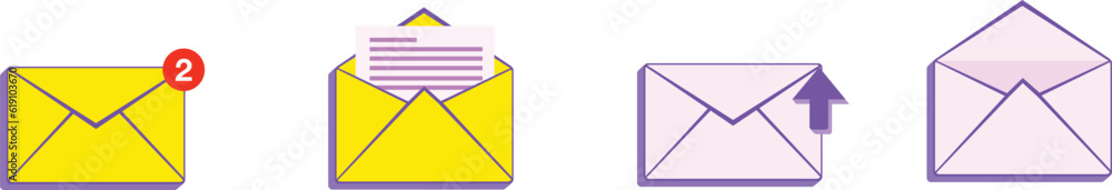 Yellow mail and white letter envelope with marker new message isolated on white background. email notification with number, open letter, arrow Yellow mail and white letter envelope with marker new message isolated on white background. email notification with number, open letter, arrow