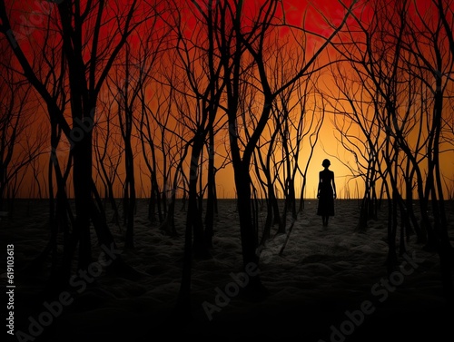Emotional minimalistic image of loneliness in artistic darkness style, dark silhouette of woman standing in the middle of nowhere in the woods. Generative AI