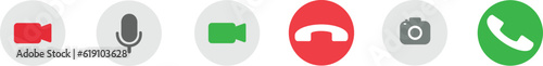 Video call buttons set. Collection of internet conversation buttons. communication elements. Video, call, reject, microphone and camera