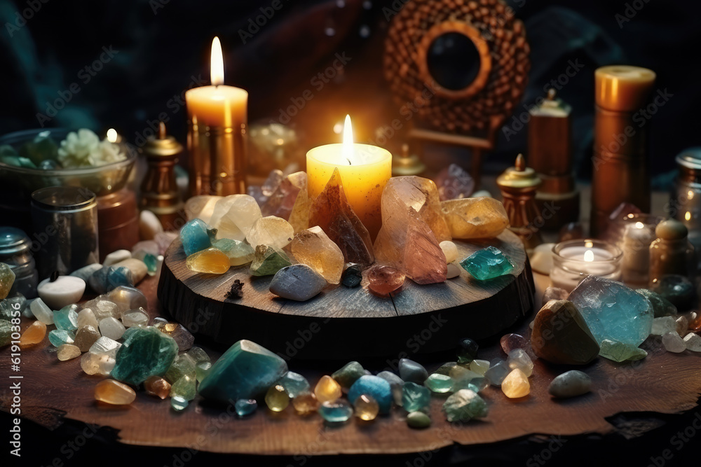 Beautiful esoteric and mystical altar for meditation with crystals and semi-precious stones, Zen Temple. Generative AI. Beautiful esoteric and mystical altar for meditation with crystals and semi-precious stones, Zen Temple. Generative AI.