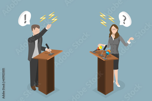 3D Isometric Flat Vector Conceptual Illustration of Political Debate, Election Campaign