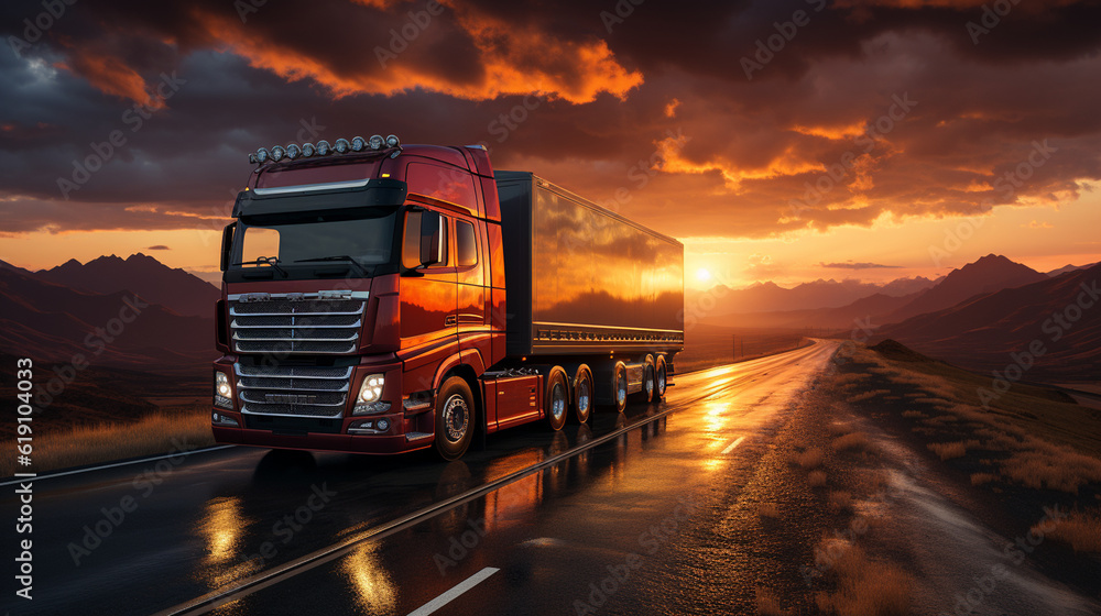 Truck at Sunset. Generative Ai