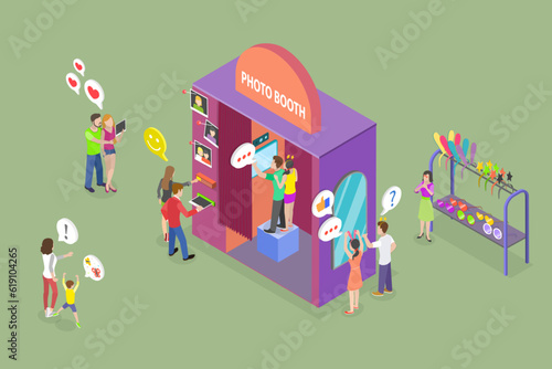 3D Isometric Flat Vector Conceptual Illustration of Photobooth, Entertainment Fair