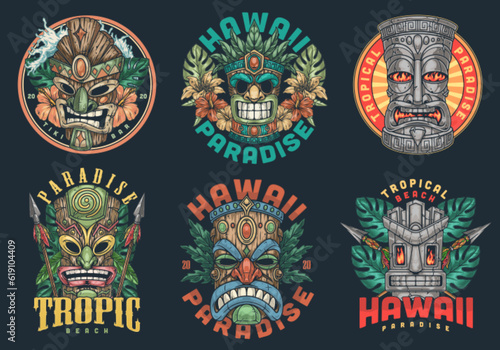 Hawaiian totems colorful set emblems