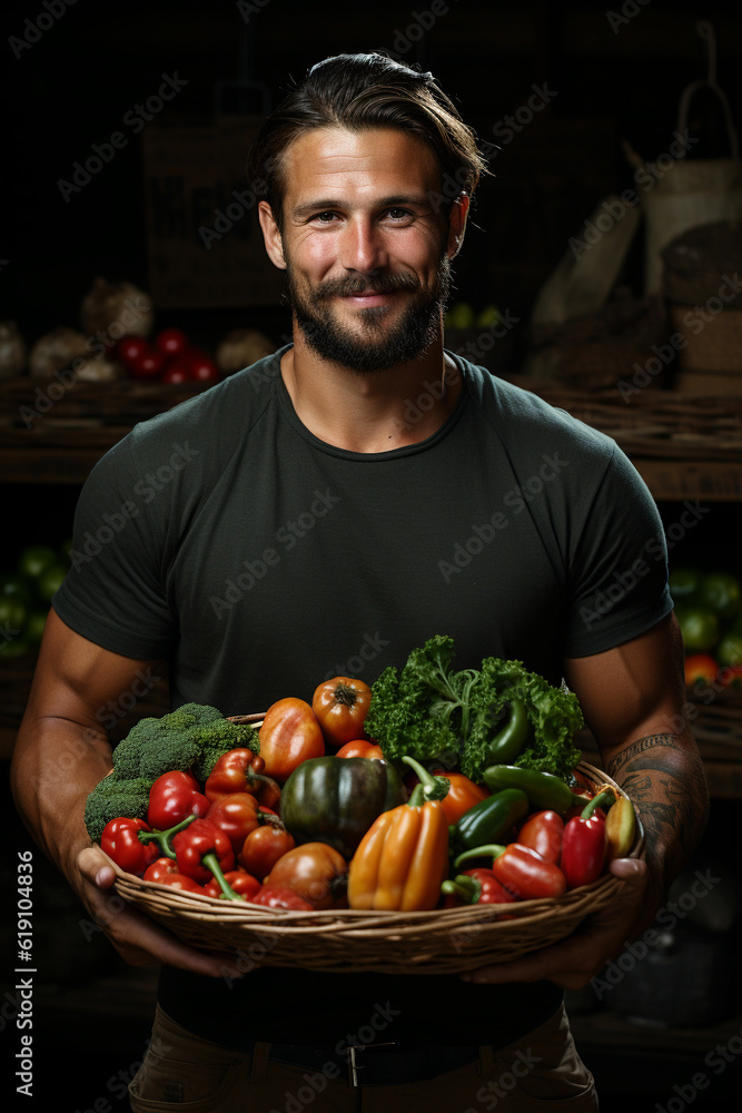 Man holding basket of vegetables. Generative Ai