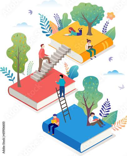 Giant books with tiny people flat illustration