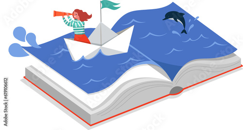 Giant book with tiny woman in paper boat flat illustration photo