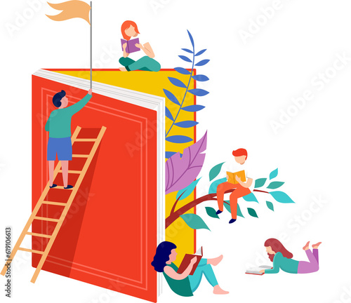 Giant book with tiny people flat illustration
