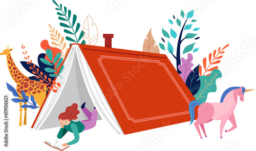 Girl reading inside giant tent shaped book flat illustration