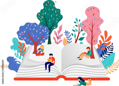 Giant book with tiny people and trees flat illustration