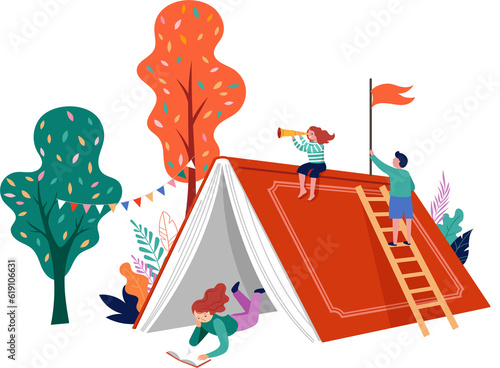 Giant tent shaped book with tiny people flat illustration