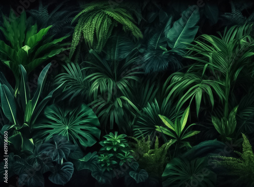 Backdrop of Nature green background, nature view of dark green leaf and palms background nature concept, tropical and green leaf of nature backdrop. Generative AI.