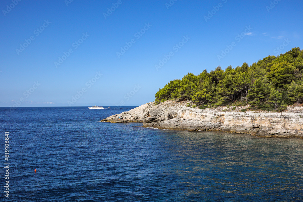 Rocky Shore with Tree and Adriatic Sea in Croatia. Summer Day in Istria. Blue Water and Clouds in Europe.