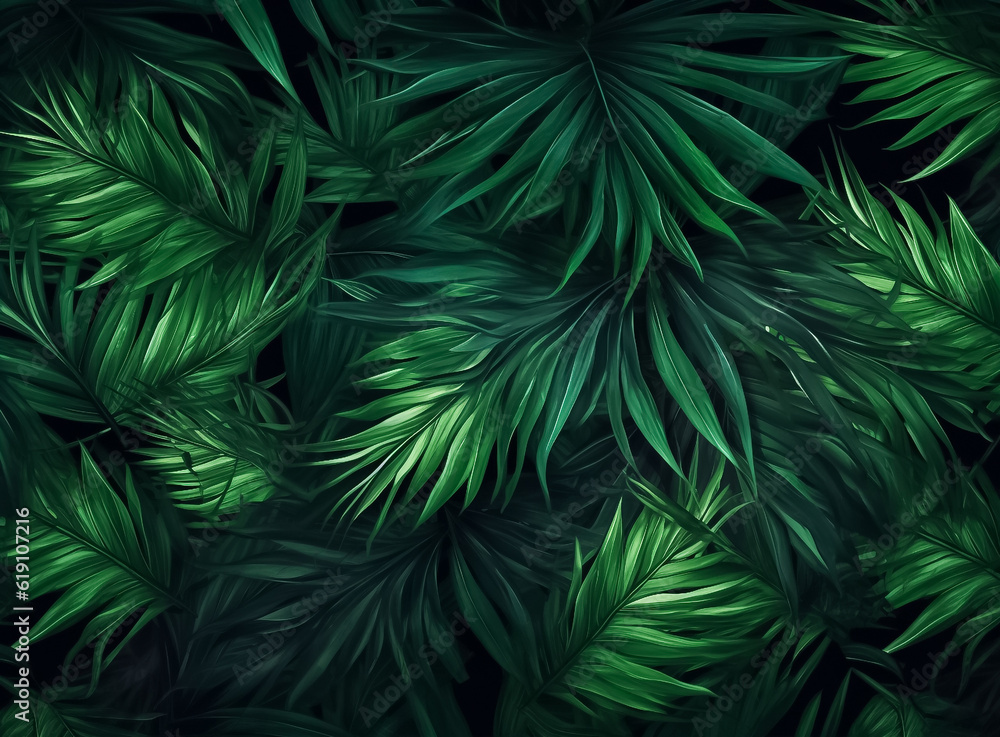 illustrated digital painting of Nature green background that Close up nature view of green leaf and palms background. tropical leaf and green in dark tone. Generative AI.