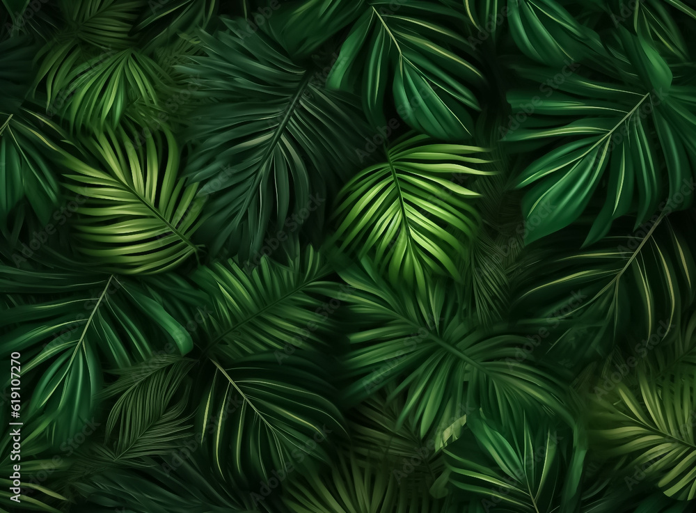 illustrated digital painting of Nature green background that Close up nature view of green leaf and palms background. tropical leaf and green in dark tone. Generative AI. illustrated digital painting of Nature green background that Close up nature view of green leaf and palms background. tropical leaf and green in dark tone. Generative AI.