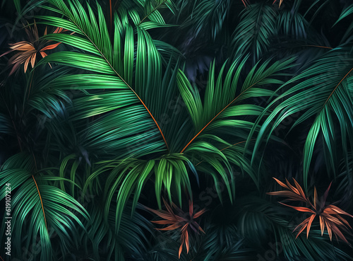 illustrated digital painting of Nature green background that Close up nature view of green leaf and palms background. tropical leaf and green in dark tone. Generative AI.