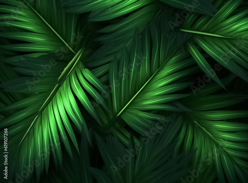 illustrated digital painting of Nature green background that Close up nature view of green leaf and palms background. tropical leaf and green in dark tone. Generative AI. © Surachetsh