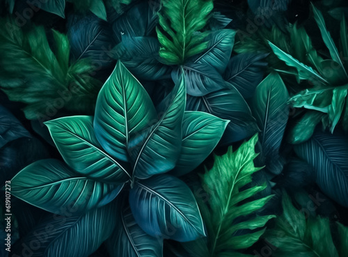 illustrated digital painting of Nature green background that Close up nature view of green leaf and palms background. tropical leaf and green in dark tone. Generative AI.