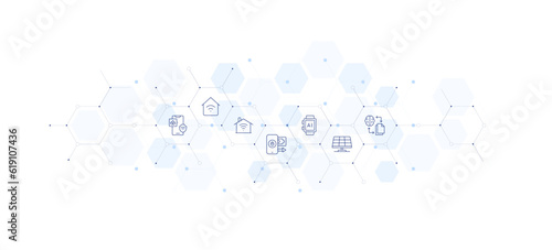 Technology banner vector illustration. Style of icon between. Containing smart farm, smart home, smart house, smartphone, smartwatch, solar panel, transfer.