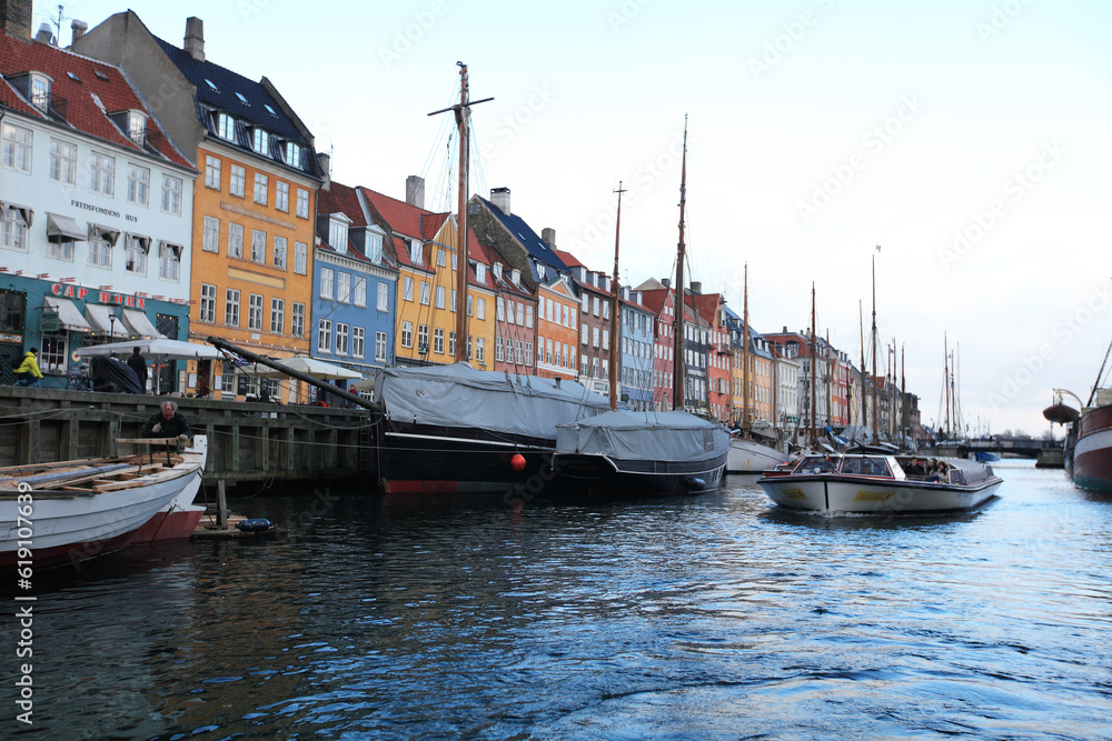 Colourful facade and ships along the Nyhavn Canal, Copenhagen, Denmark