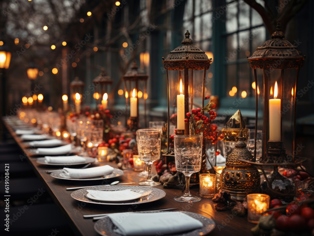 Christmas Eve Dinner with decorated table, Mockups Design 3D, High-quality Mockups, Generative Ai