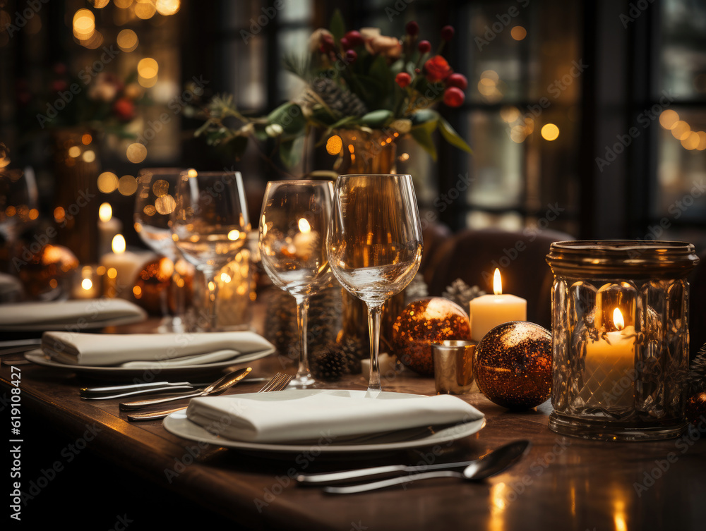 Christmas Eve Dinner with decorated table, Mockups Design 3D, High-quality Mockups, Generative Ai