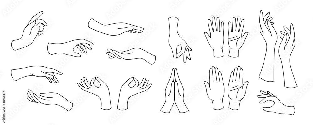 Set outline woman hands. Collection of different elegant gestures. Line art for logo design, trendy minimal style.